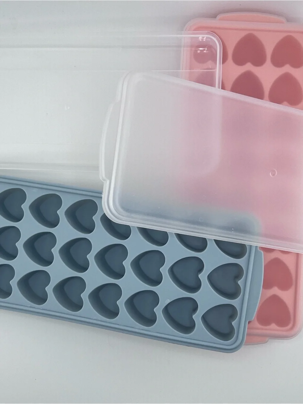0099: 2 Pack Heart Shape Ice Cube Trays Set with Lid and Bin - Coral & Gray